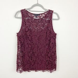 WHITE HOUSE BLACK MARKET Sleeveless Lace Top, maroon size L EUC